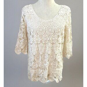 Vintage Creative Design Works Crochet Top Petite L Ivory Lined Sheer Romantic